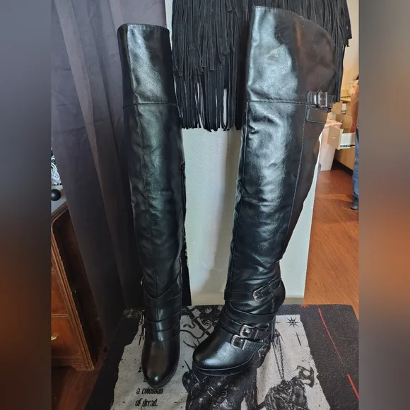Black Over-the-Knee Heeled Boots with Buckle Detail - Picture 1 of 4